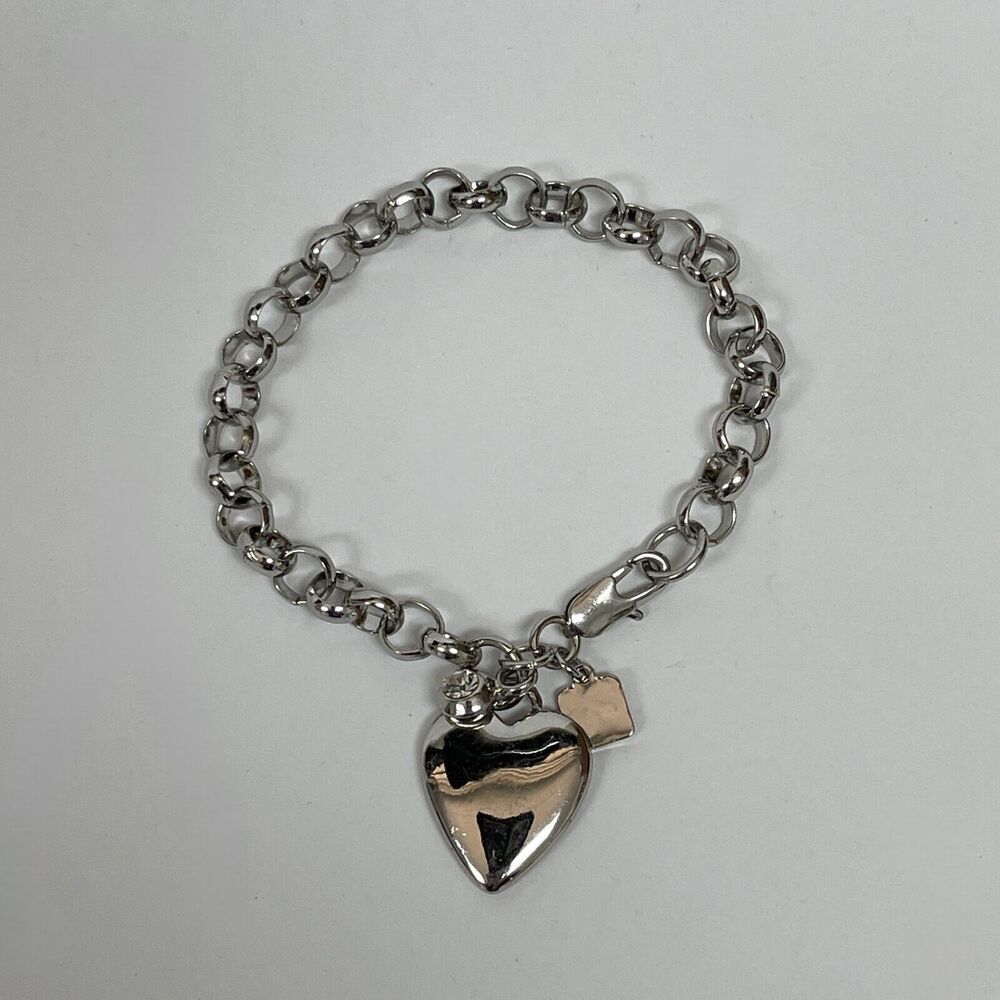 PL Silver-tone Heart Rhinestone Women's Fashion Links‎ Chain Charm Bracelet NWOT